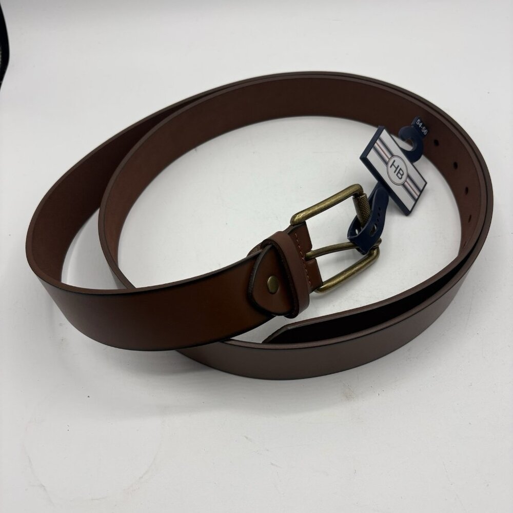 HB Men’s Brown Burnished Leather Belt Antique Brass Buckle Size 54–56 XL NWT